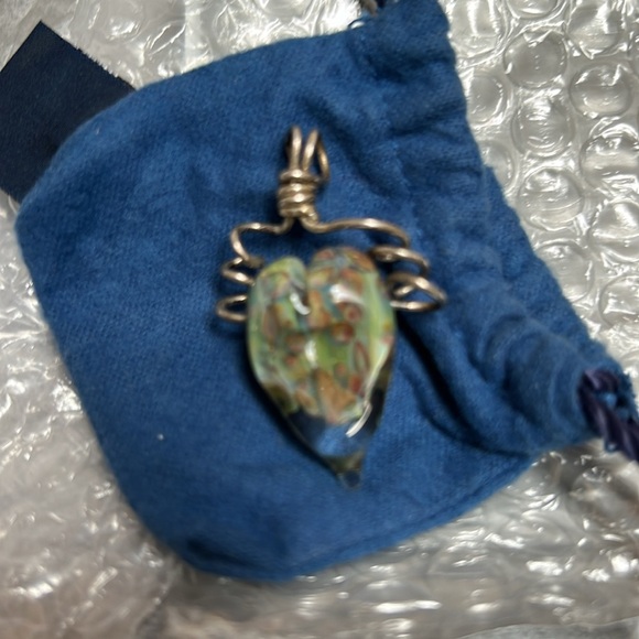 Heart Shaped Glass Blown Pendant Hand Crafted Green Blue Tan - Picture 11 of 11
